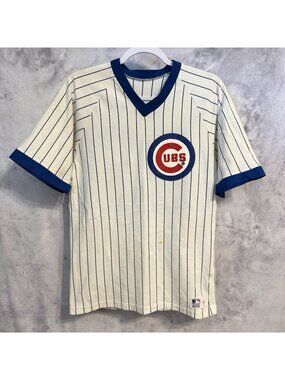 VTG Chicago Cubs Baseball Jersey Large Medalist Sand Knit 1980s Pinstripe MLB